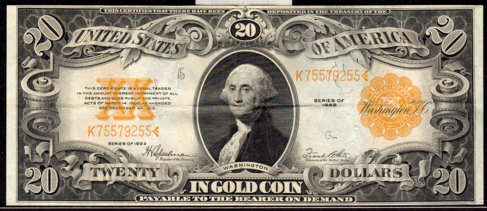 Fr.1187, 1922 $20 Gold Certificate, K75579255